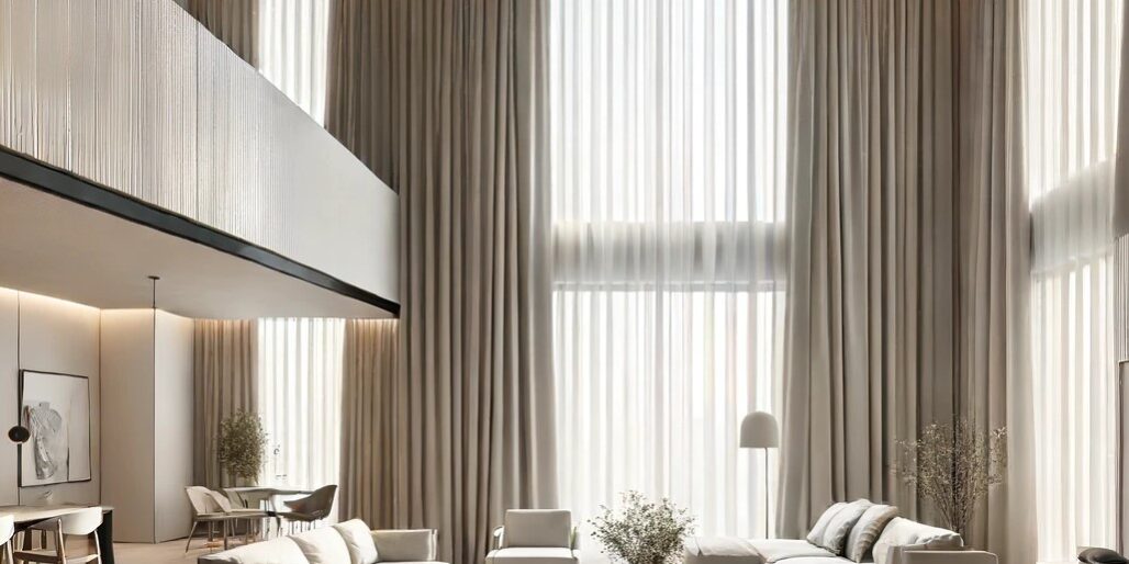 Zasłony w oknach wysokich Wygląd zasłon z karniszami rendering